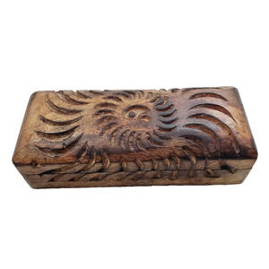 Vintage Hand-Carved Wooden Small Trinket Jewelry Keepsake Box On Hinge Ying Yang